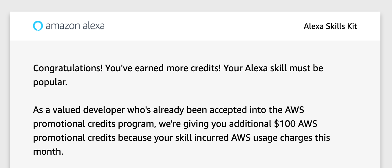 Email d'AWS indiquant le gain de crédit
